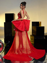 Elegant Romantic Red Sequined Spaghetti Straps Waist Backless Oversized Bow Tail Holiday Christmas Party Birthday Prom Dress